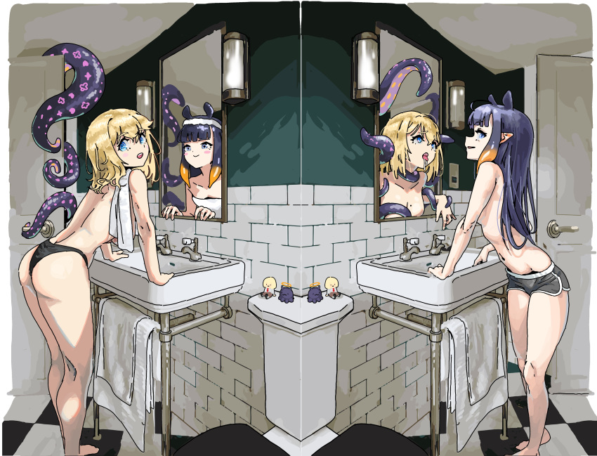 2girls absurdres ahegao bare_legs barefoot bathroom black_panties blonde_hair breasts character_doll dolphin_shorts drooling gurumie highres hololive hololive_english implied_sex implied_tentacle_sex medium_hair mirror multiple_girls ninomae_ina'nis panties rolling_eyes short_shorts shorts sink smile tentacles through_mirror topless towel towel_on_one_shoulder underwear watson_amelia