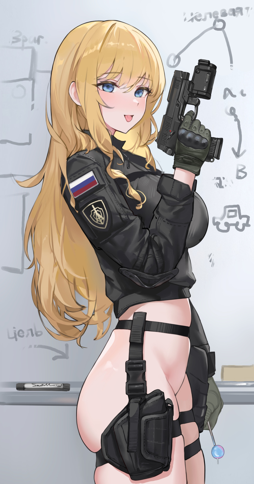 1girl absurdres ass black_gloves black_jacket blonde_hair blue_eyes blush bottomless breasts candy food fsb gloves gun handgun highres holding holding_candy holding_food holding_gun holding_lollipop holding_weapon holster jacket large_breasts lollipop long_hair looking_at_viewer looking_to_the_side marker original russian_flag sawkm skindentation smile solo tactical_clothes thigh_holster thigh_strap tongue tongue_out very_long_hair weapon whiteboard