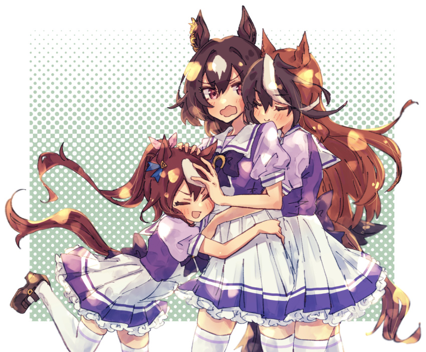 3girls animal_ears back_bow blush border bow brown_footwear brown_hair commentary_request cow ear_ornament hair_between_eyes hands_on_another's_head horse_ears horse_girl horse_tail hug hug_from_behind loafers long_hair mihasame multicolored_hair multiple_girls open_mouth petticoat pleated_skirt polka_dot polka_dot_background ponytail puffy_short_sleeves puffy_sleeves purple_bow purple_shirt red_eyes school_uniform shirt shoes short_sleeves sirius_symboli_(umamusume) skirt smile streaked_hair symboli_rudolf_(umamusume) tail thighhighs tokai_teio_(umamusume) tracen_school_uniform umamusume wavy_mouth white_border white_hair white_skirt white_thighhighs zettai_ryouiki