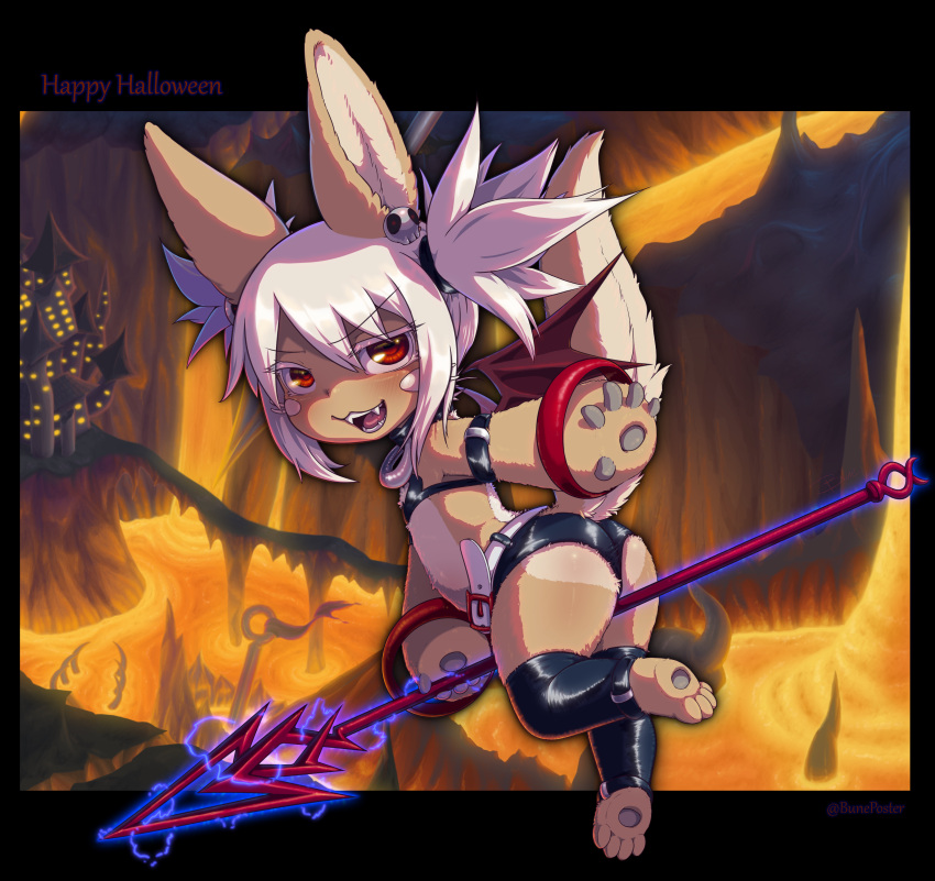 1girl absurdres animal_ears ass black_thighhighs brown_fur bune_poster cosplay demon_wings disgaea earrings electricity etna_(disgaea) etna_(disgaea)_(cosplay) furry furry_female happy_halloween highres holding holding_polearm holding_weapon jewelry made_in_abyss makai_senki_disgaea mini_wings molten_rock nanachi_(made_in_abyss) polearm red_eyes red_wings revealing_clothes skull_earrings solo thighhighs twintails weapon white_hair wings