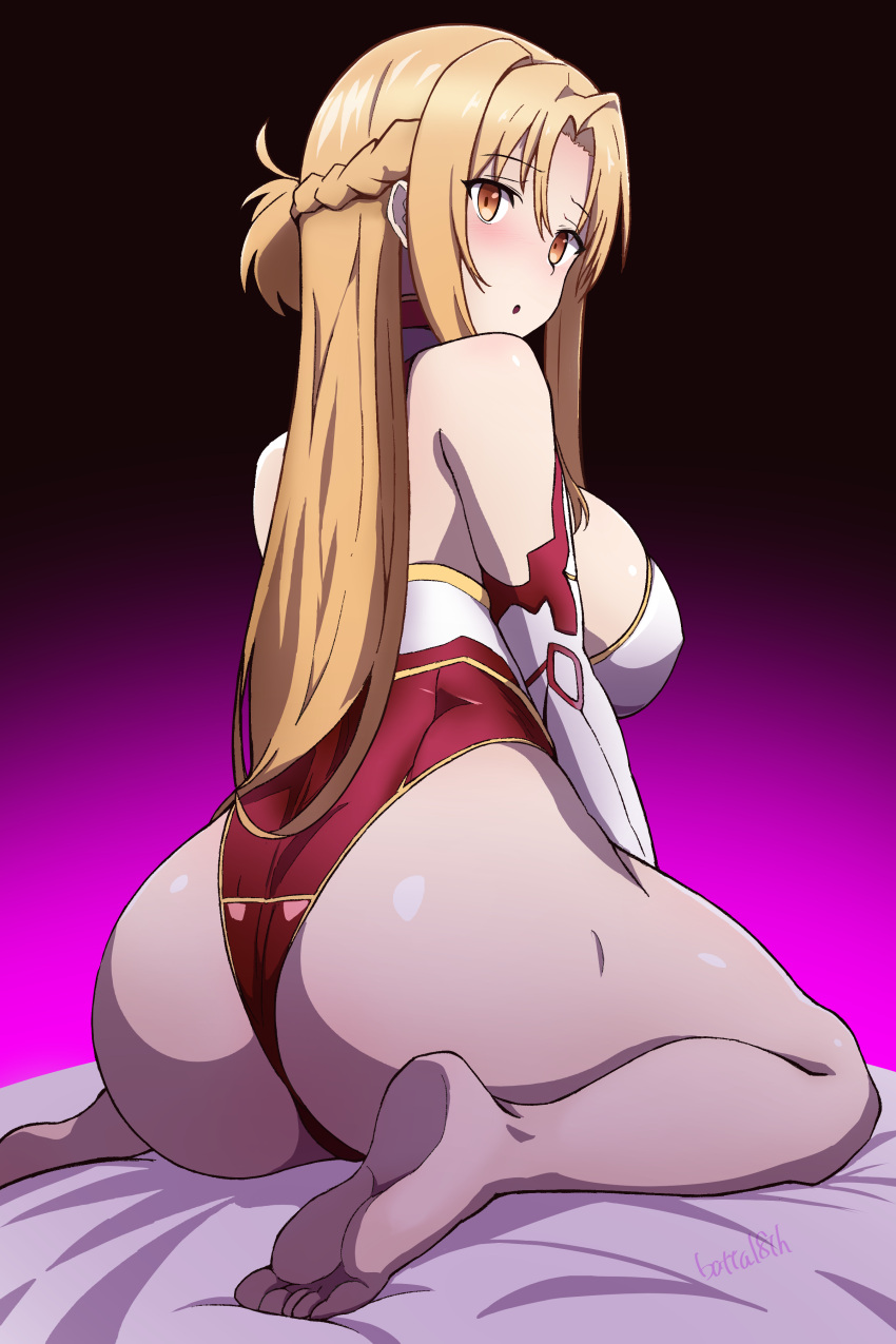 1girl absurdres adapted_costume artist_name ass asuna_(sao) barefoot batta_16-sei blush braid breasts brown_hair dark_background elbow_gloves feet french_braid gloves gradient_background highleg highleg_leotard highres hypnosis large_breasts leotard lifted_by_self long_hair looking_at_viewer looking_back mind_control open_mouth simple_background sitting soles solo sword_art_online toes two-tone_leotard variant_set wariza white_background white_gloves
