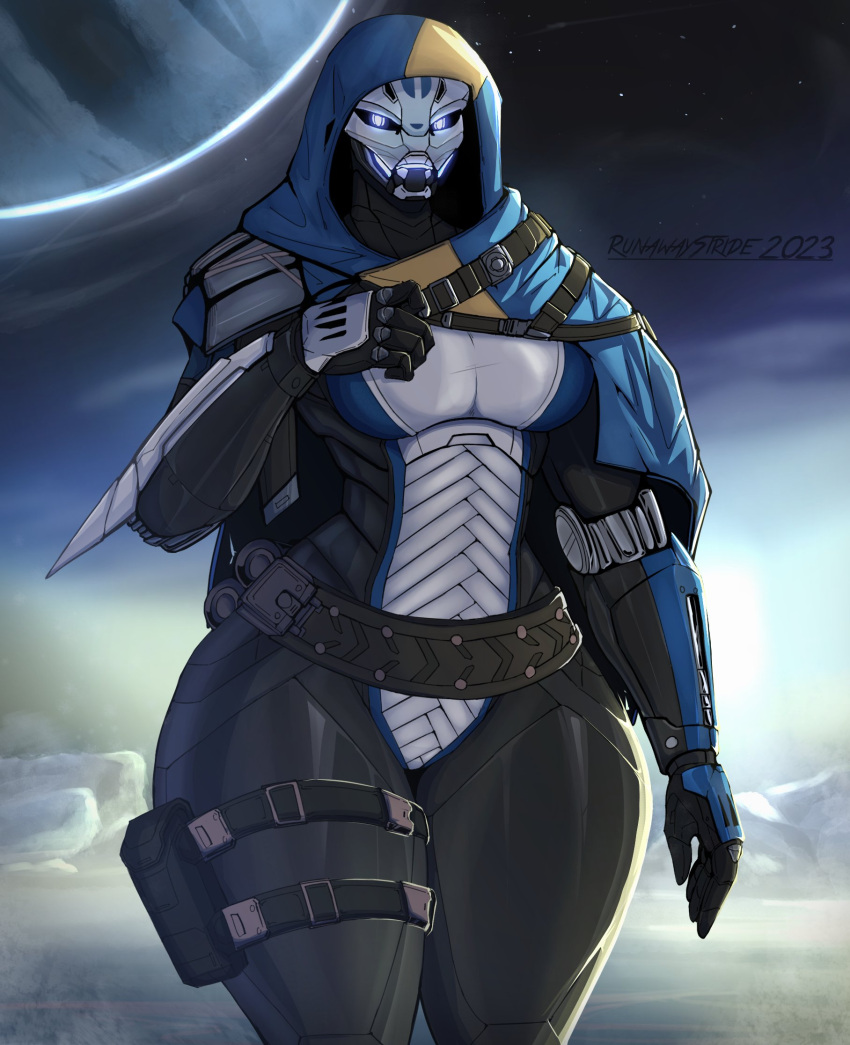 2023 5_fingers alternate_version_at_source arm_spikes armor belt big_breasts biped black_clothing blue_clothing blue_eyes blue_mouth bodysuit breasts cape cel_shading clothed clothing curvy_figure dated destiny_(video_game) elbow_spikes exo exo_stranger female fingers front_view fully_clothed gauntlets gloves glowing glowing_eyes glowing_mouth handwear hi_res hood huge_hips huge_thighs humanoid ice light lighting looking_at_viewer machine not_furry outside portrait robot robot_humanoid runawaystride shaded signature skinsuit sky solo space spikes spikes_(anatomy) standing star starry_sky thick_thighs thigh_belt thigh_gap three-quarter_portrait tight_clothing white_body white_clothing