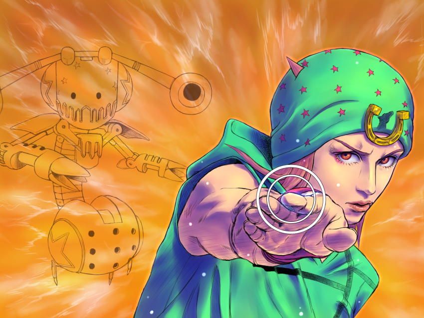 2boys concentric_circles foreshortening hat highres hood hoodie horseshoe_ornament johnny_joestar jojo_no_kimyou_na_bouken keiimajima02 lips male_focus multiple_boys outstretched_hand realistic red_eyes red_hair sleeveless star_(symbol) steel_ball_run tusk_act2