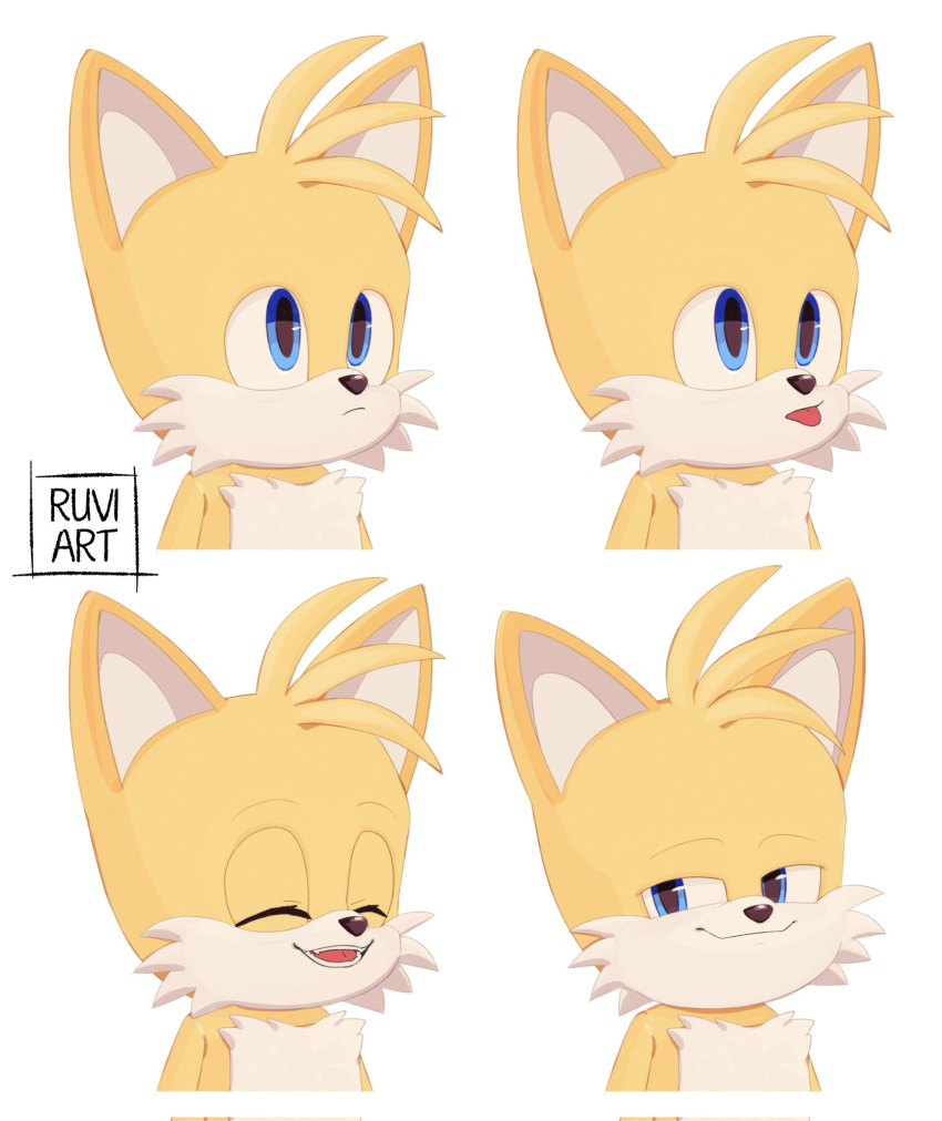 2022 anthro blep blue_eyes canid canine daww eyes_closed fox fur half-closed_eyes hi_res laugh male mammal miles_prower narrowed_eyes open_mouth open_smile ruviart sega signature simple_background smile smug solo sonic_the_hedgehog_(series) tongue tongue_out white_body white_fur yellow_body yellow_fur