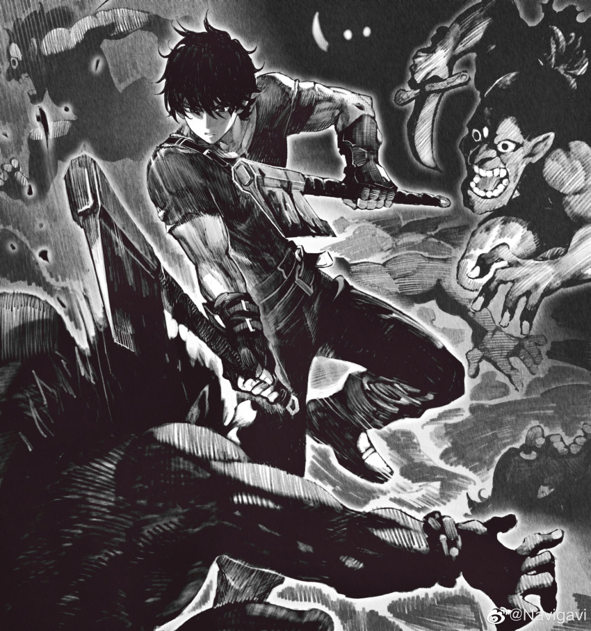 1boy absurdres attack axe belt blood blood_splatter boots dagger dual_wielding fighting fingerless_gloves gloves glowing glowing_eyes goblin greyscale harten_sieg_filbrio highres holding holding_axe holding_dagger holding_knife holding_weapon jun_(seojh1029) knife monochrome monster original short_hair short_sleeves weapon weibo_logo weibo_username