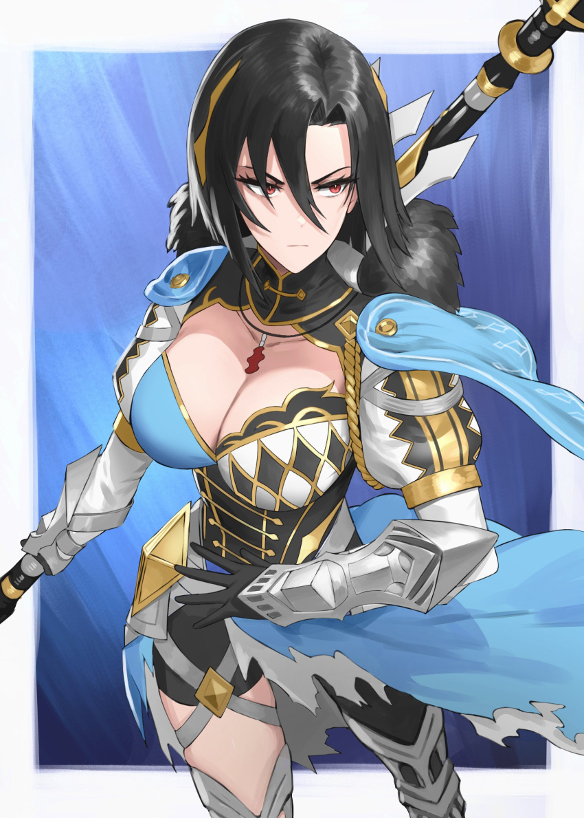 1girl absurdres armor asymmetrical_bangs asymmetrical_clothes black_hair breasts cleavage cleavage_cutout closed_mouth clothing_cutout fire_emblem fire_emblem_engage hair_between_eyes highres holding holding_weapon jewelry long_sleeves looking_to_the_side nel_(fire_emblem) red_eyes short_hair shou_illust simple_background weapon