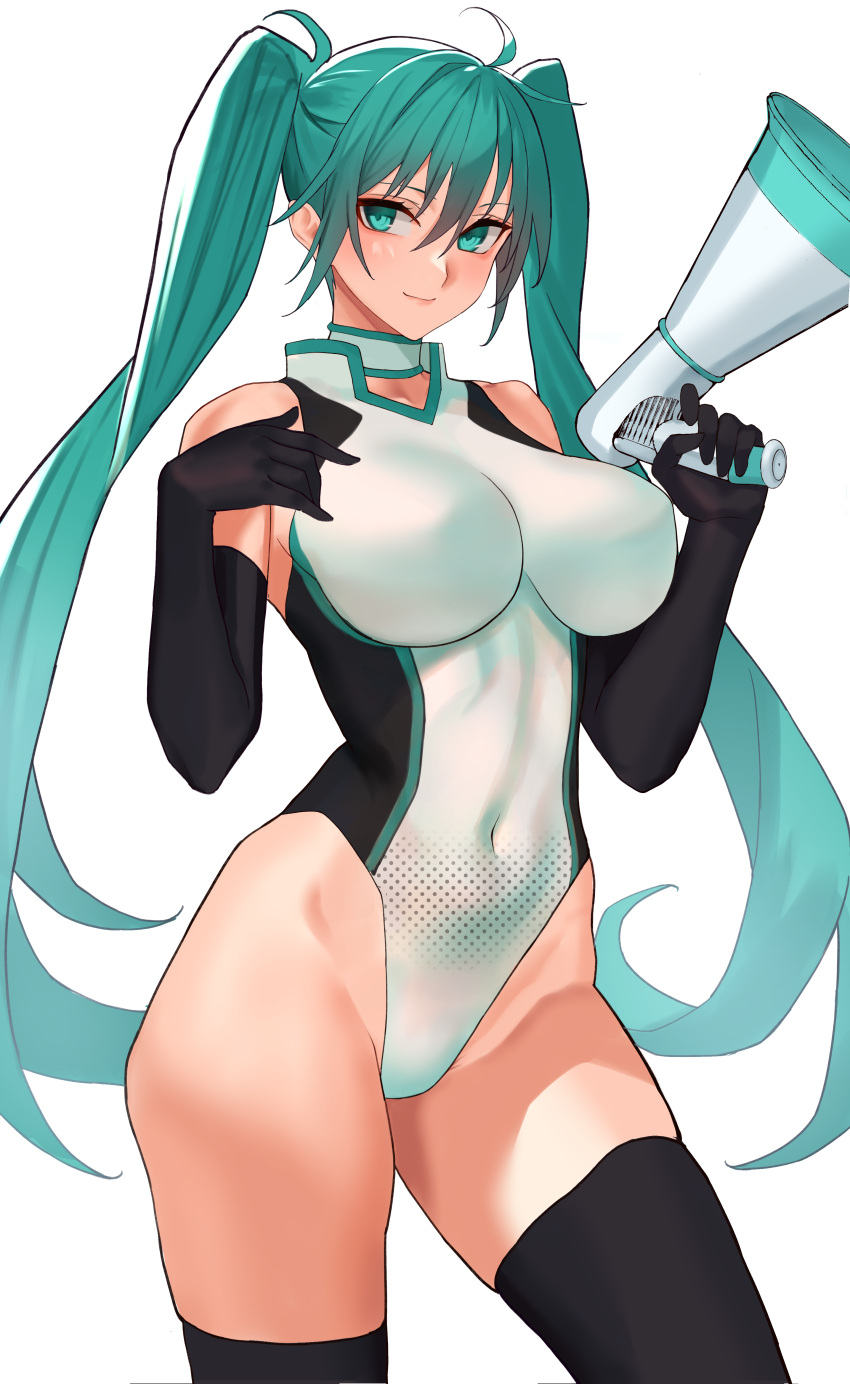 1girl absurdres ahoge alternate_breast_size alternate_costume aqua_hair black_gloves black_thighhighs breasts choker commentary_request contrapposto covered_navel gloves goodsmile_racing green_eyes hatsune_miku highres holding holding_megaphone large_breasts leotard megaphone multicolored_leotard race_queen racing_miku racing_miku_(2011) sawatari_kazuma simple_background solo thighhighs twintails vocaloid white_background white_choker white_leotard
