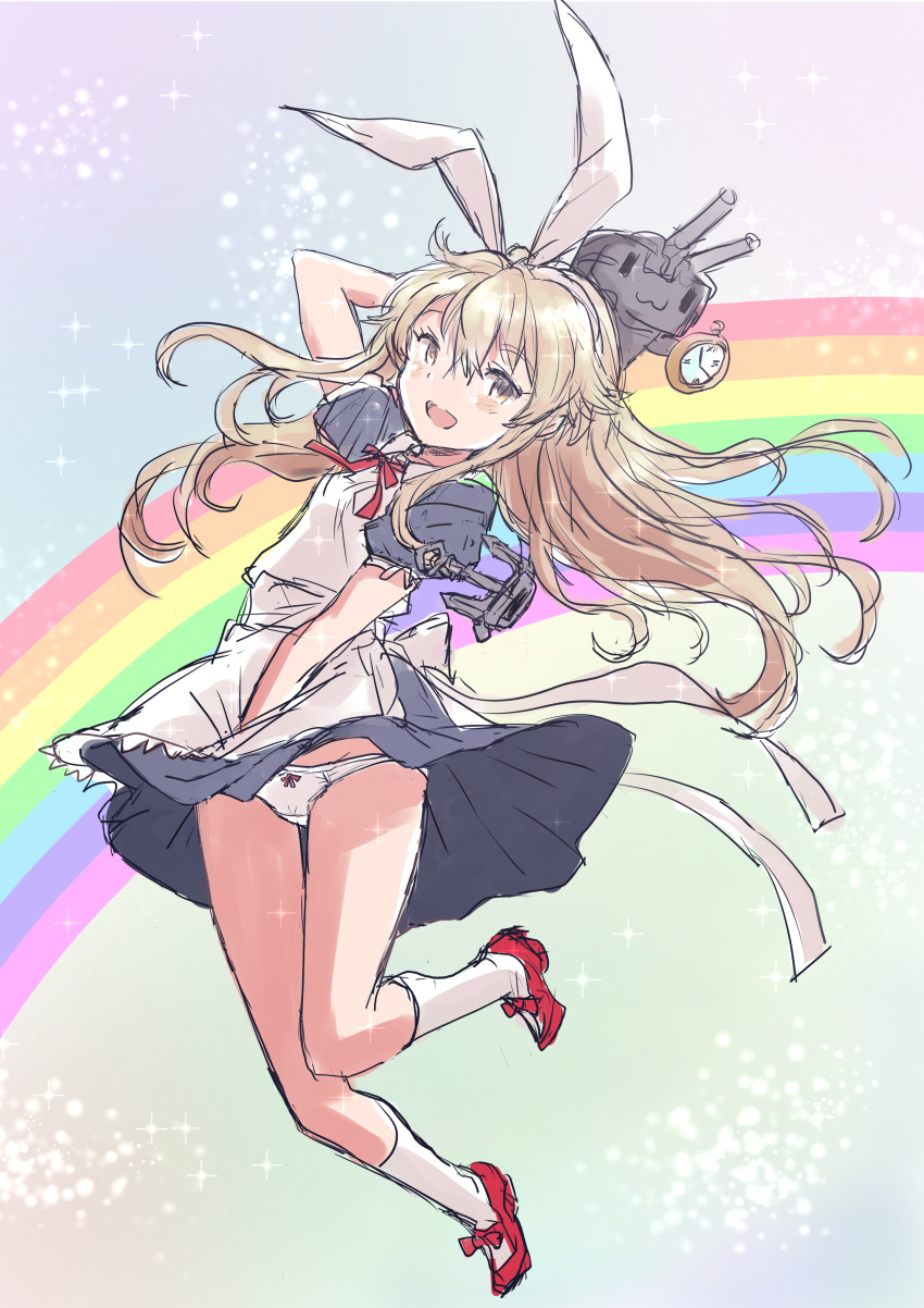 absurdres alice_(alice_in_wonderland) alice_(alice_in_wonderland)_(cosplay) alice_in_wonderland alternate_costume animal_ears apron blonde_hair commentary_request cosplay crop_top dress fake_animal_ears fuji_(pixiv24804665) grey_dress grey_eyes hairband highres kantai_collection long_hair panties pocket_watch rabbit_ears rainbow red_footwear rensouhou-chan shimakaze_(kancolle) underwear watch white_apron white_hairband white_panties