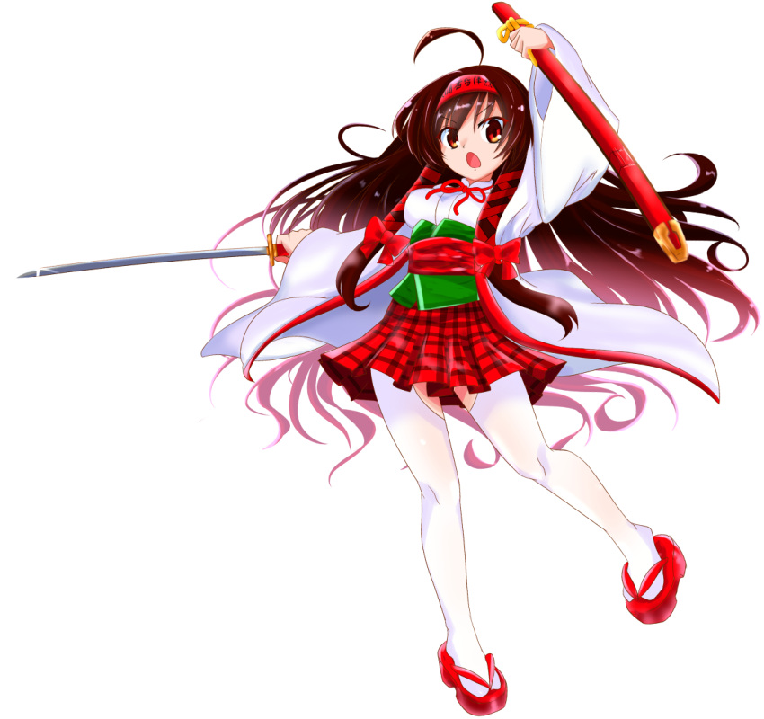 1girl ahoge arm_up black_hair clothing_cutout enasword floating_hair geta haori headband holding holding_sword holding_weapon japanese_clothes kuji_kanesada_(tenka_hyakken) long_hair long_sleeves low_tied_sidelocks obi open_mouth plaid plaid_skirt pleated_skirt red_eyes red_headband red_ribbon ribbon sash scabbard sheath skirt solo standing sword tachi_(weapon) tenka_hyakken thigh_cutout thighhighs v-shaped_eyebrows weapon white_thighhighs wide_sleeves