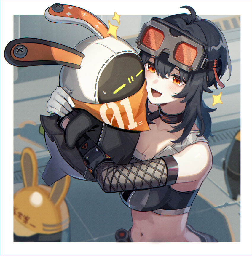 1girl :d ahoge bare_shoulders black_choker black_hair breasts choker cleavage commentary_request crop_top elbow_gloves gloves goggles goggles_on_head grace_howard highres holding hug kino_(m6t2a) medium_hair midriff navel orange_eyes smile sports_bra stomach upper_body white_gloves zenless_zone_zero