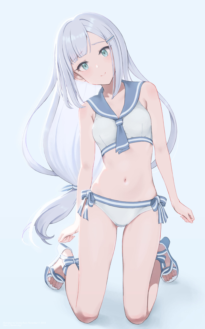 1girl aqua_eyes armpit_crease bikini blue_background blue_footwear blue_sailor_collar blush breasts closed_mouth collarbone commentary feet full_body grey_hair head_tilt high_heels highres idolmaster idolmaster_million_live! idolmaster_million_live!_theater_days kneeling legs long_hair looking_at_viewer low-tied_long_hair navel on_ground parted_bangs razi sailor_collar sandals shadow shiraishi_tsumugi side-tie_bikini_bottom sidelocks simple_background small_breasts smile solo stomach strappy_heels swimsuit symbol-only_commentary thighs toenails toes very_long_hair