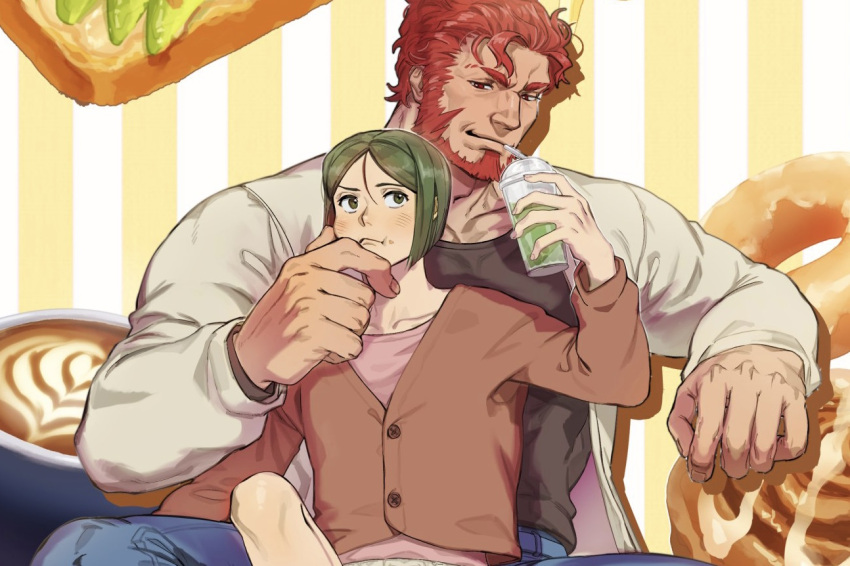 2boys bara beard black_hair black_shirt blue_pants blush brown_pants brown_shirt closed_mouth couple cup disposable_cup drinking_straw facial_hair fate/zero fate_(series) hand_on_another's_face holding holding_cup iskandar_(fate) jacket jeje_(pixiv12541114) looking_at_another male_focus multiple_boys muscular muscular_male open_clothes open_jacket pants red_hair shirt short_hair smile waver_velvet white_jacket yaoi