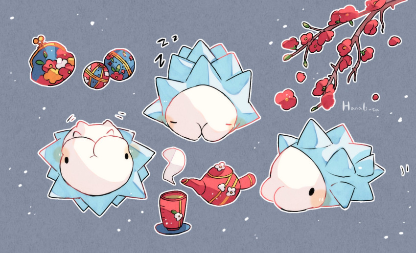 animal_focus artist_name branch closed_eyes colored_skin commentary_request cup flower grey_background hanabusaoekaki highres lying no_humans on_back pokemon pokemon_(creature) red_flower simple_background sleeping snom snow solid_oval_eyes tea teacup teapot white_skin zzz