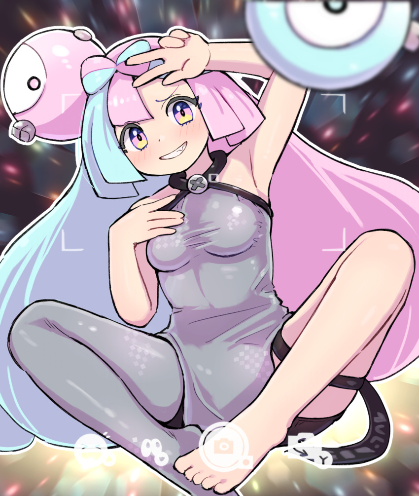 1girl arm_up armpits barefoot blush bow-shaped_hair breasts character_hair_ornament commentary_request eyelashes green_hair grin hair_ornament highres iono_(pokemon) knees_apart_feet_together kutabireta_neko legs long_hair multicolored_hair no_shoes pink_eyes pink_hair pokemon pokemon_(game) pokemon_sv single_leg_pantyhose sitting sleeveless smile solo spread_legs teeth thigh_strap toes twintails two-tone_hair v viewfinder