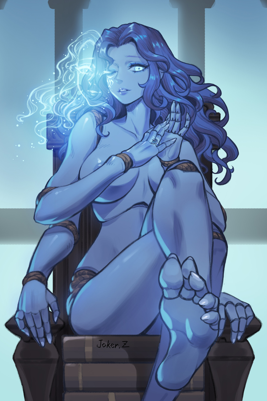 1girl absurdres artist_name barefoot blue_eyes blue_hair blue_skin breasts collarbone colored_skin commentary_request completely_nude crossed_legs doll_joints elden_ring extra_arms extra_faces feet glowing glowing_eye glowing_tattoo highres indoors jewelry joints joker.z long_hair looking_at_viewer medium_breasts nude parted_lips ranni_the_witch ring rope sitting solo toenails toes wavy_hair white_nails