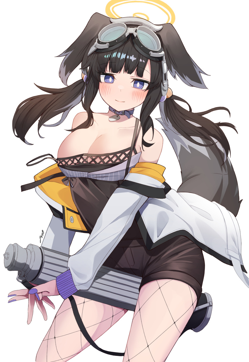 1girl absurdres akinoji_(akiponpon27) animal_collar animal_ears black_dress black_hair blue_archive blush breasts cleavage closed_mouth collar cowboy_shot dog_ears dog_tail dress eyewear_on_head fingernails halo hibiki_(blue_archive) highres large_breasts long_hair long_sleeves nail_polish purple_eyes purple_nails signature simple_background solo tail white_background yellow_halo