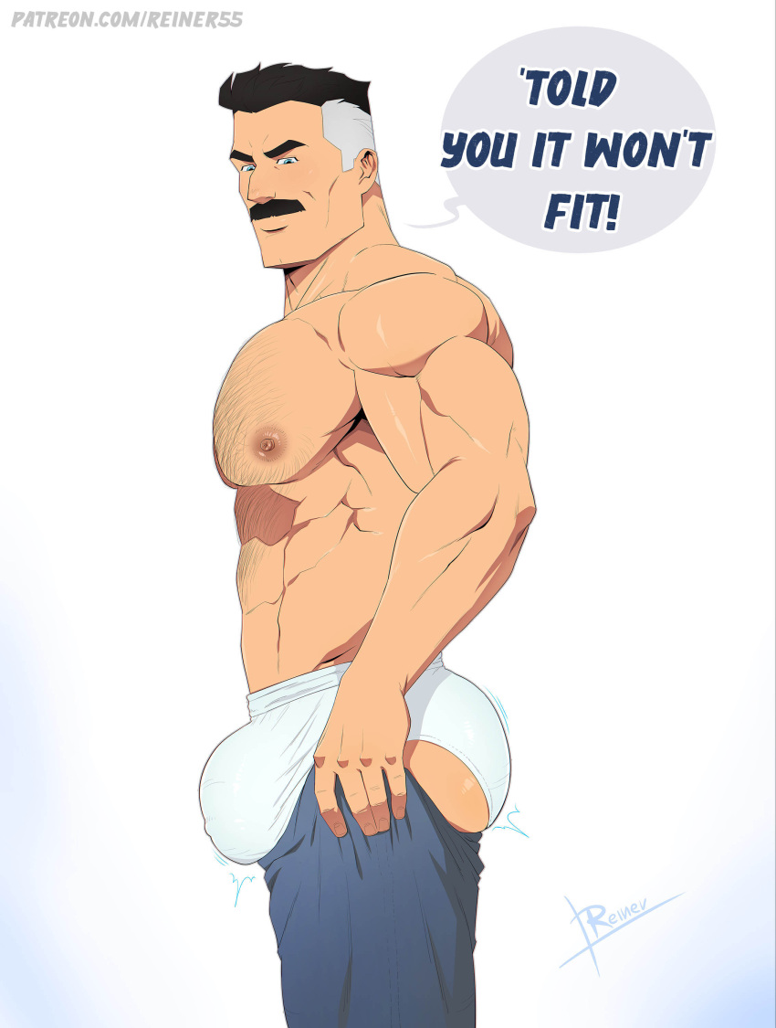 1boy abs absurdres ass bara black_hair briefs bulge bulge_lift chest_hair denim dressing english_text facial_hair feet_out_of_frame from_side highres i've_never_seen_a_guy_recreate_this_successfully_tbh_(meme) invincible_(series) jeans large_pectorals looking_at_viewer male_focus male_underwear mature_male meme muscular muscular_male mustache nipples omniman open_pants pants pants_lift pectorals reiner55 short_hair sideburns solo stomach thick_eyebrows topless_male undersized_clothes underwear white_male_underwear