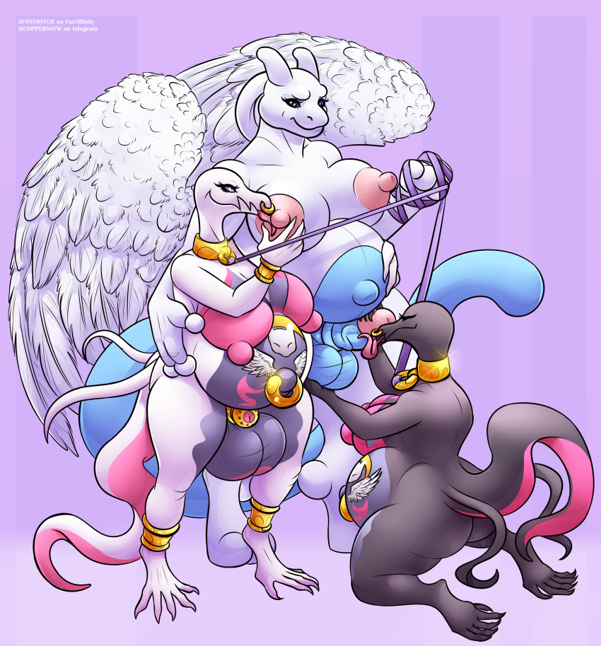 absurd_res afoxywitch anthro chastity_cage chastity_device collar generation_1_pokemon generation_7_pokemon group hi_res leash leash_pull leashed_collar legendary_pokemon mewtwo navel navel_piercing nintendo piercing pokemon pokemon_(species) pregnant salazzle trio wings