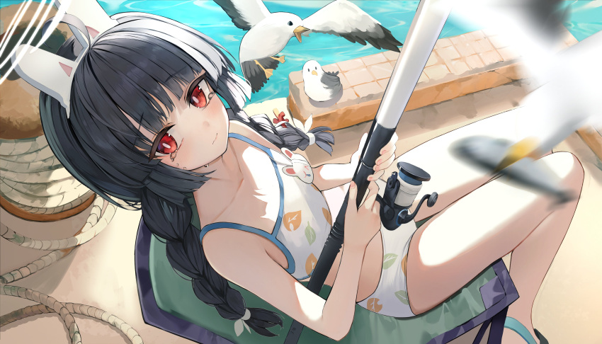 1girl absurdres ahoge animal animal_ears animal_ears_(norankkori) bikini bird black_hair blue_archive blush braid closed_mouth collarbone commentary crying crying_with_eyes_open day fake_animal_ears fishing_rod flat_chest halo highres holding holding_fishing_rod leaf_print long_hair looking_at_viewer miyu_(blue_archive) miyu_(swimsuit)_(blue_archive) ocean official_alternate_costume outdoors print_bikini rabbit_ears red_eyes seagull sitting solo swimsuit symbol-only_commentary tears twin_braids white_bikini