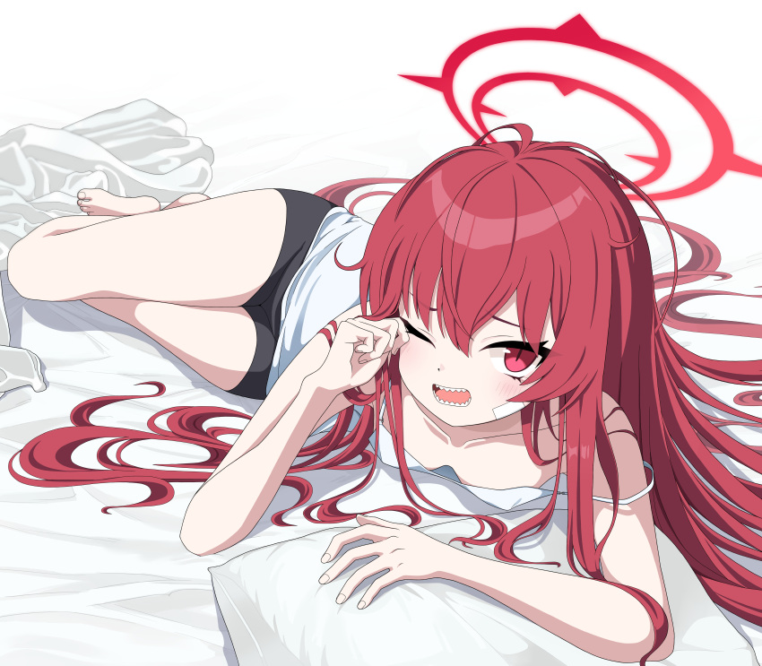 1girl absurdres barefoot black_shorts blue_archive blush camisole hair_between_eyes halo highres kokolokokomika long_hair looking_at_viewer one_eye_closed open_mouth rabu_(blue_archive) red_eyes red_hair red_halo shorts solo white_camisole