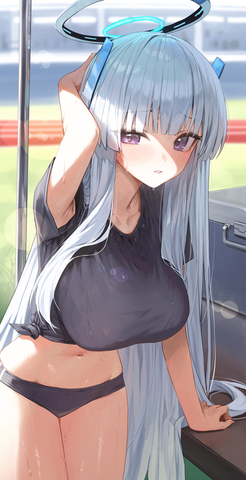 1girl absurdres alternate_costume arm_support black_buruma black_shirt blue_archive blurry blurry_background blush breasts buruma collarbone gnns grey_hair gym_uniform halo highres large_breasts long_hair looking_at_viewer mechanical_halo midriff navel noa_(blue_archive) purple_eyes running_track shirt solo stomach straight_hair sweat tied_shirt very_long_hair
