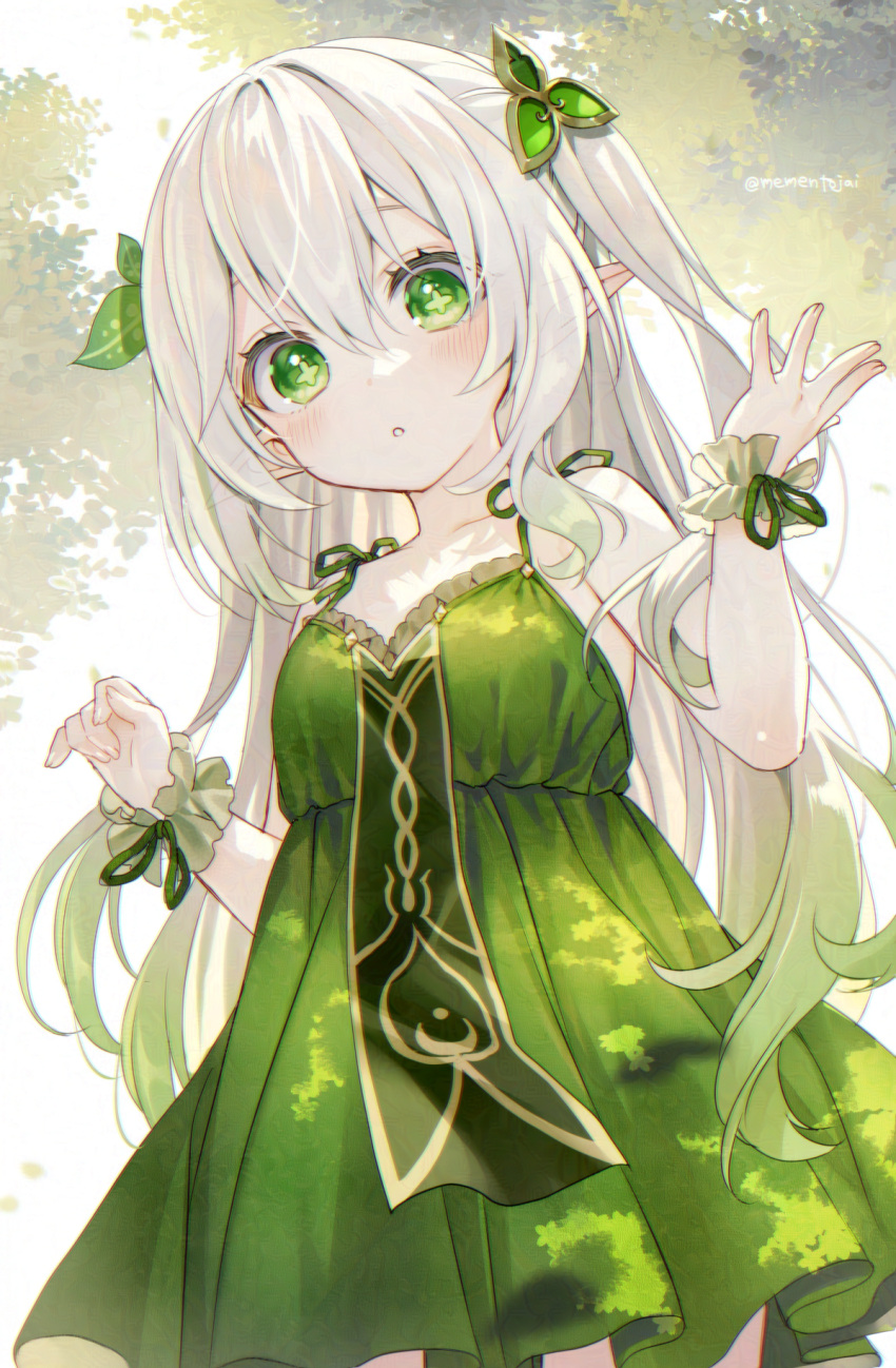 1girl :o alternate_costume commentary_request cowboy_shot cross-shaped_pupils dress genshin_impact gradient_hair green_dress green_eyes green_hair hair_ornament hands_up highres leaf_hair_ornament long_hair looking_at_viewer memeno multicolored_hair nahida_(genshin_impact) parted_lips pointy_ears sleeveless sleeveless_dress solo symbol-shaped_pupils twitter_username very_long_hair white_hair wrist_cuffs