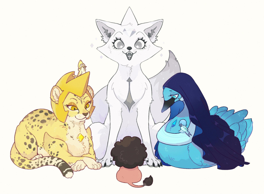 :d animal animal_focus animalization bird blue_diamond_(steven_universe) blue_eyes blue_fur fangs fox grey_eyes highres hua_hua_de_meme leopard lion looking_at_another red_fur sitting smile steven_quartz_universe steven_universe swan white_diamond_(steven_universe) white_fur yellow_diamond_(steven_universe) yellow_eyes yellow_fur