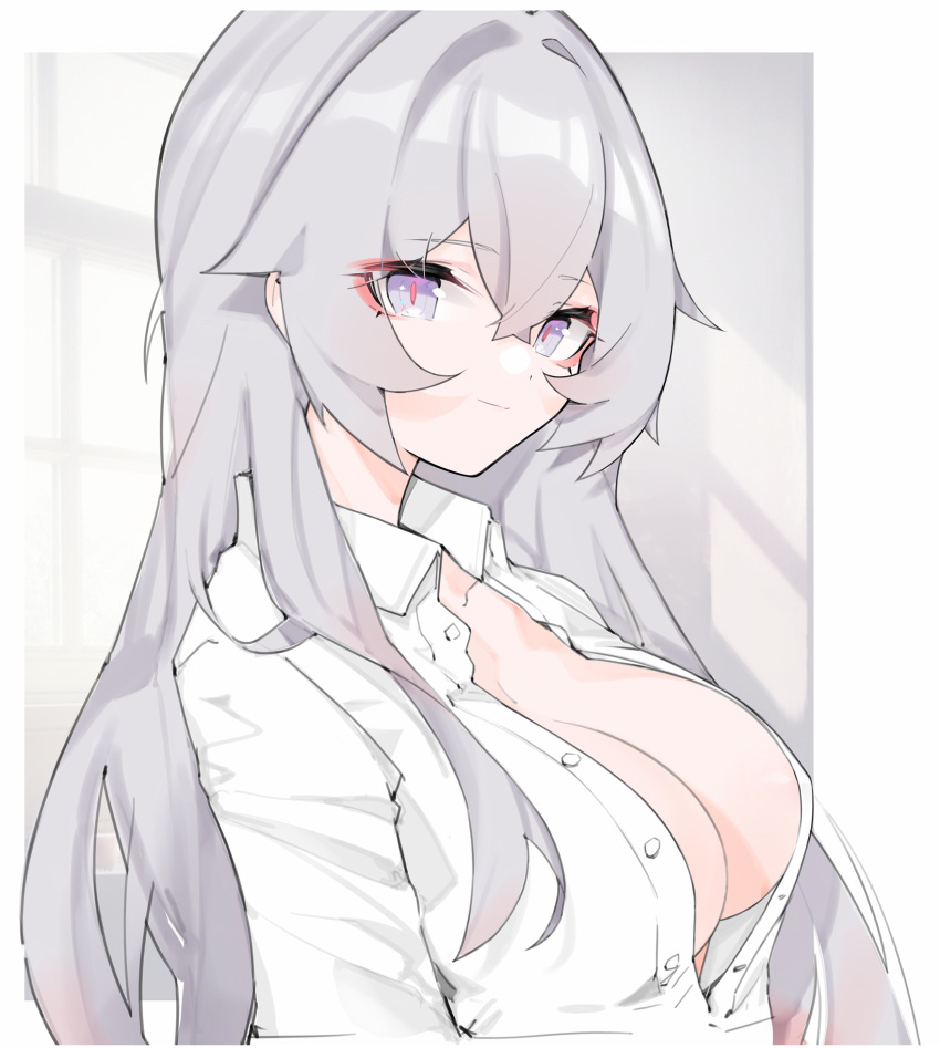 1girl absurdres breasts bronya_zaychik bronya_zaychik_(silverwing:_n-ex) closed_mouth collared_shirt error1980 from_side grey_eyes grey_hair hair_between_eyes highres honkai_(series) honkai_impact_3rd large_breasts long_hair looking_at_viewer looking_to_the_side partially_unbuttoned red_pupils shirt solo upper_body white_shirt