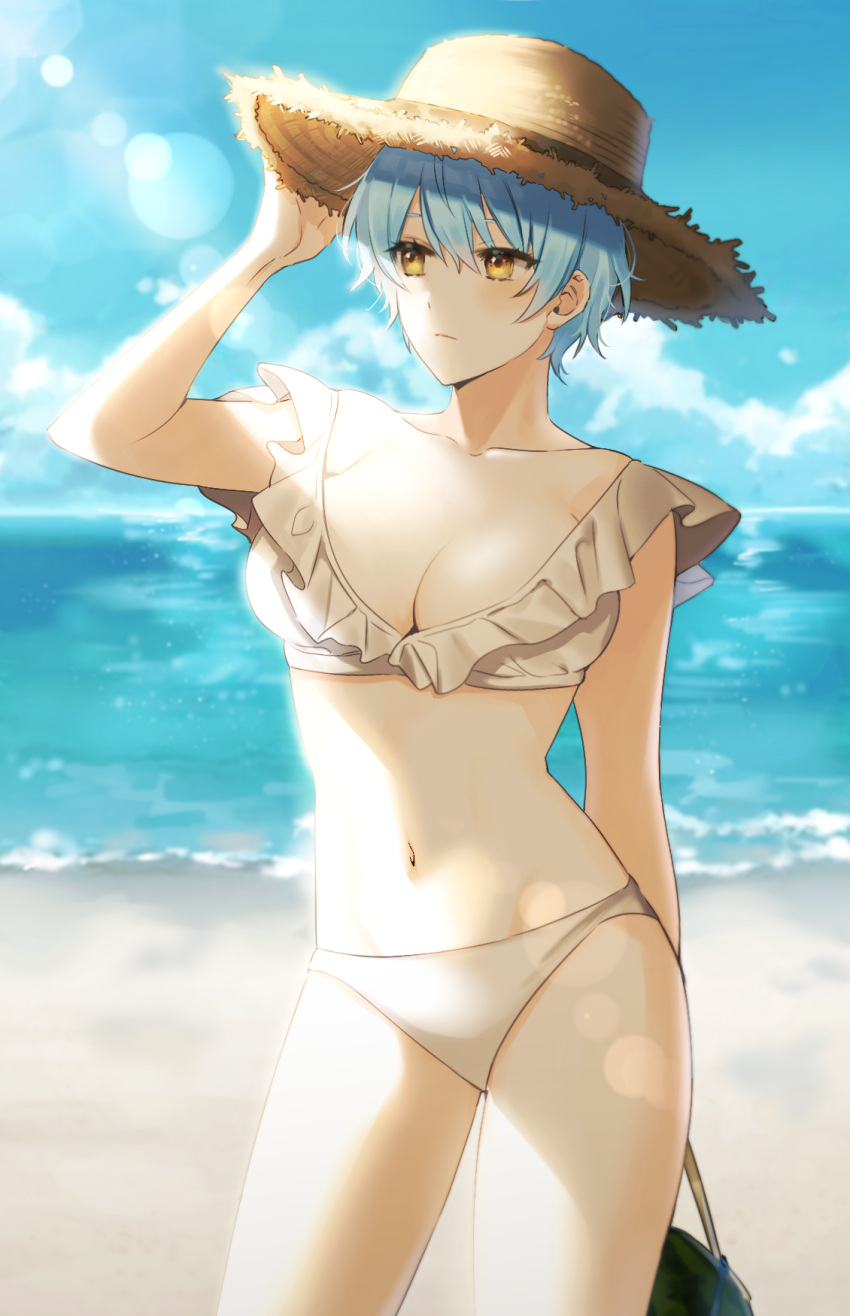 1girl angela_(project_moon) ap5ry bare_shoulders beach bikini blue_hair blue_sky breasts brown_headwear cleavage closed_mouth cloud food fruit hand_up hat highres large_breasts lens_flare library_of_ruina looking_to_the_side navel ocean project_moon short_hair sidelocks sky solo straw_hat summer swimsuit water watermelon white_bikini yellow_eyes