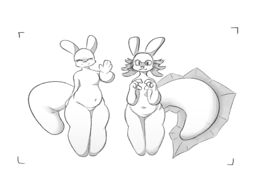 ambiguous_gender anthro belly duo gesture hand_heart hatrian looking_at_viewer navel rain_world rivulet_(rain_world) slugcat_(rain_world) smile smiling_at_viewer tail thick_thighs waving wide_hips