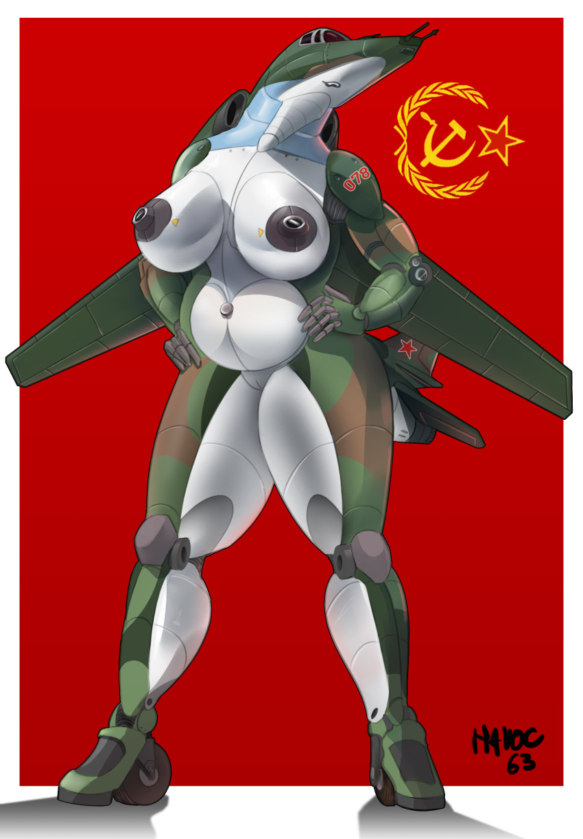 aircraft aircraft_humanoid anthro belly big_breasts breasts female hands_on_hips havoc63 hi_res living_aircraft living_machine living_vehicle machine mig-27 red_star russian simple_background smile solo soviet_union vehicle white_belly wings