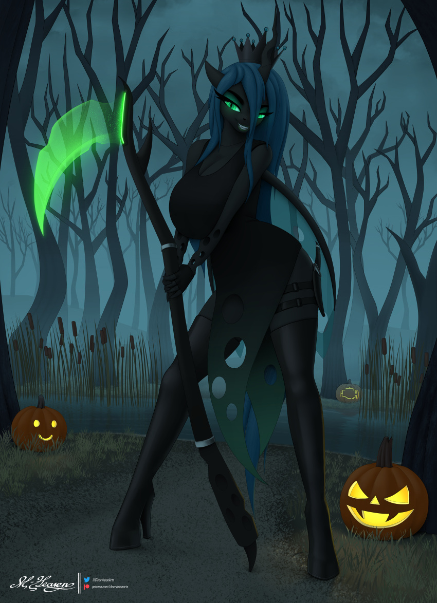 absurd_res anthro arthropod blue_hair changeling clearvision clothed clothing equid equine female food footwear friendship_is_magic fruit glowing glowing_eyes green_eyes green_lips hair halloween hasbro hi_res high_heels holding_object holidays horn horse insect_wings jack-o'-lantern lips lipstick looking_at_viewer makeup mammal melee_weapon my_little_pony plant polearm pony pumpkin queen_chrysalis_(mlp) scythe smile solo swamp weapon wings