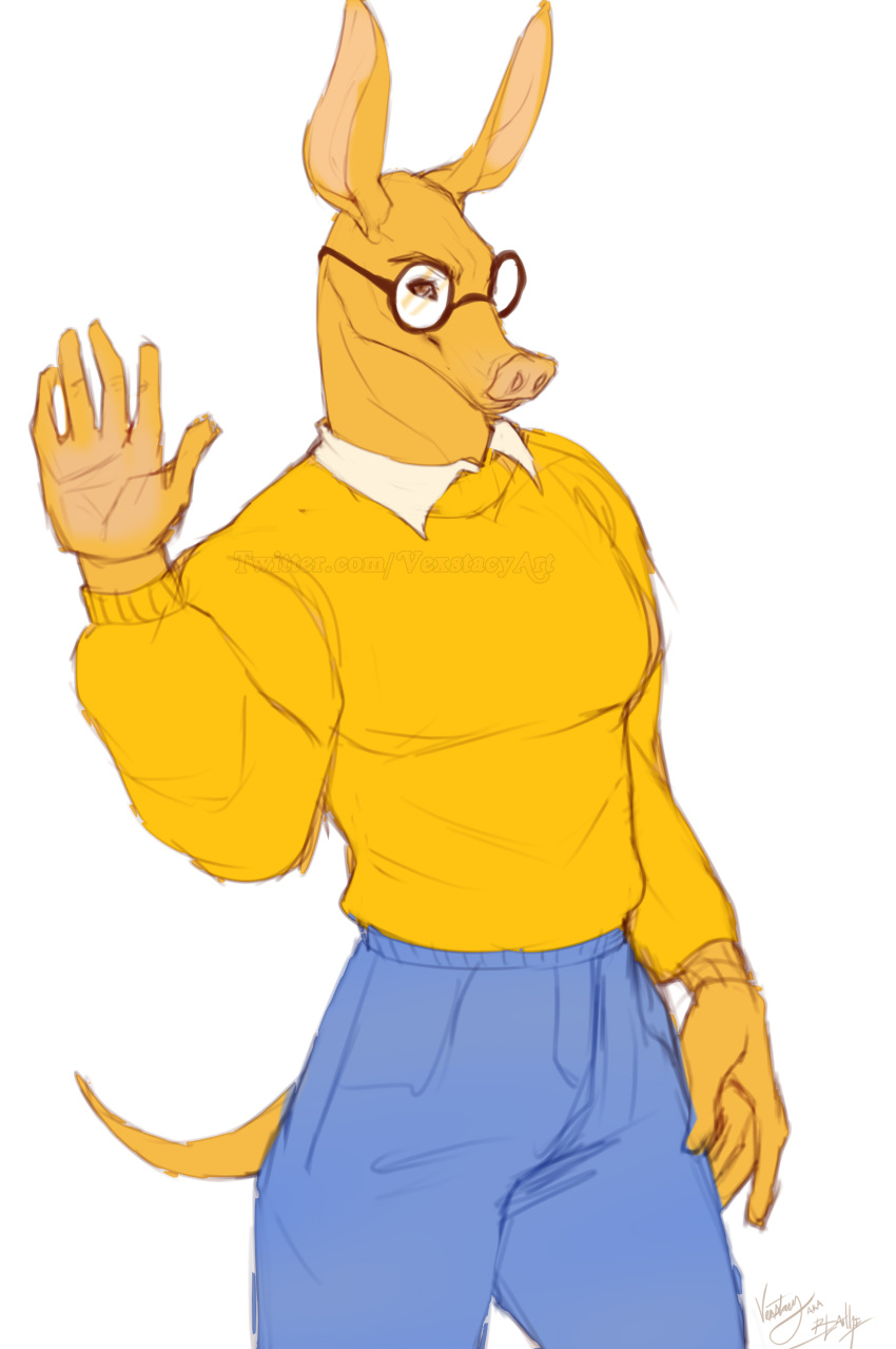 2023 5_fingers aardvark absurd_res aged_up anthro arthur_(series) arthur_read blue_bottomwear blue_clothing blue_pants bottomwear clothed clothing digital_media_(artwork) eyewear fingers flat_colors fully_clothed fur glasses hi_res male mammal pants pink_inner_ear shirt solo tail topwear vexstacy yellow_body yellow_clothing yellow_ears yellow_fur yellow_hands yellow_shirt yellow_tail yellow_topwear