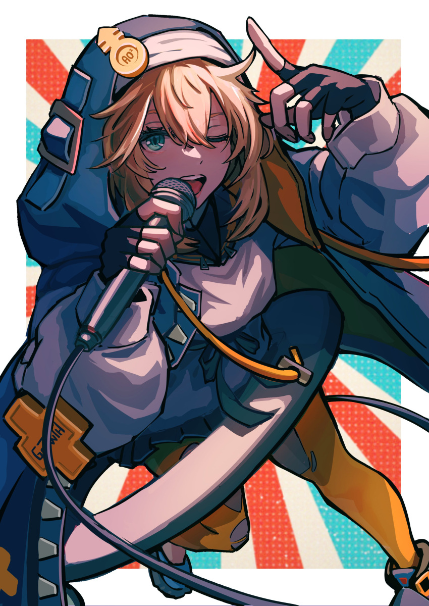 1boy absurdres androgyne_symbol ap_cammy black_gloves blonde_hair blush bridget_(guilty_gear) cuffs fingerless_gloves gloves green_eyes guilty_gear guilty_gear_strive habit handcuffs highres holding holding_microphone hood hood_up hooded_jacket hoodie jacket looking_at_viewer male_focus medium_hair microphone one_eye_closed open_clothes open_hoodie open_mouth orange_pantyhose otoko_no_ko pantyhose tights_day