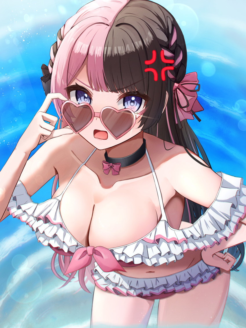 1girl absurdres anger_vein bikini black_bow black_collar blue_eyes bow braid breasts brown_hair collar collarbone french_braid frilled_bikini frills front-tie_bikini_top front-tie_top frown gerbera152 hair_bow hand_on_own_hip heart heart-shaped_eyewear highres large_breasts leaning_forward long_hair looking_at_viewer multicolored_hair navel off-shoulder_bikini off_shoulder open_mouth pink-framed_eyewear pink_bikink pink_bow pink_hair solo split-color_hair streaked_hair sunglasses swimsuit tachibana_hinano_(vtuber) two-tone_hair very_long_hair virtual_youtuber vspo! wading water