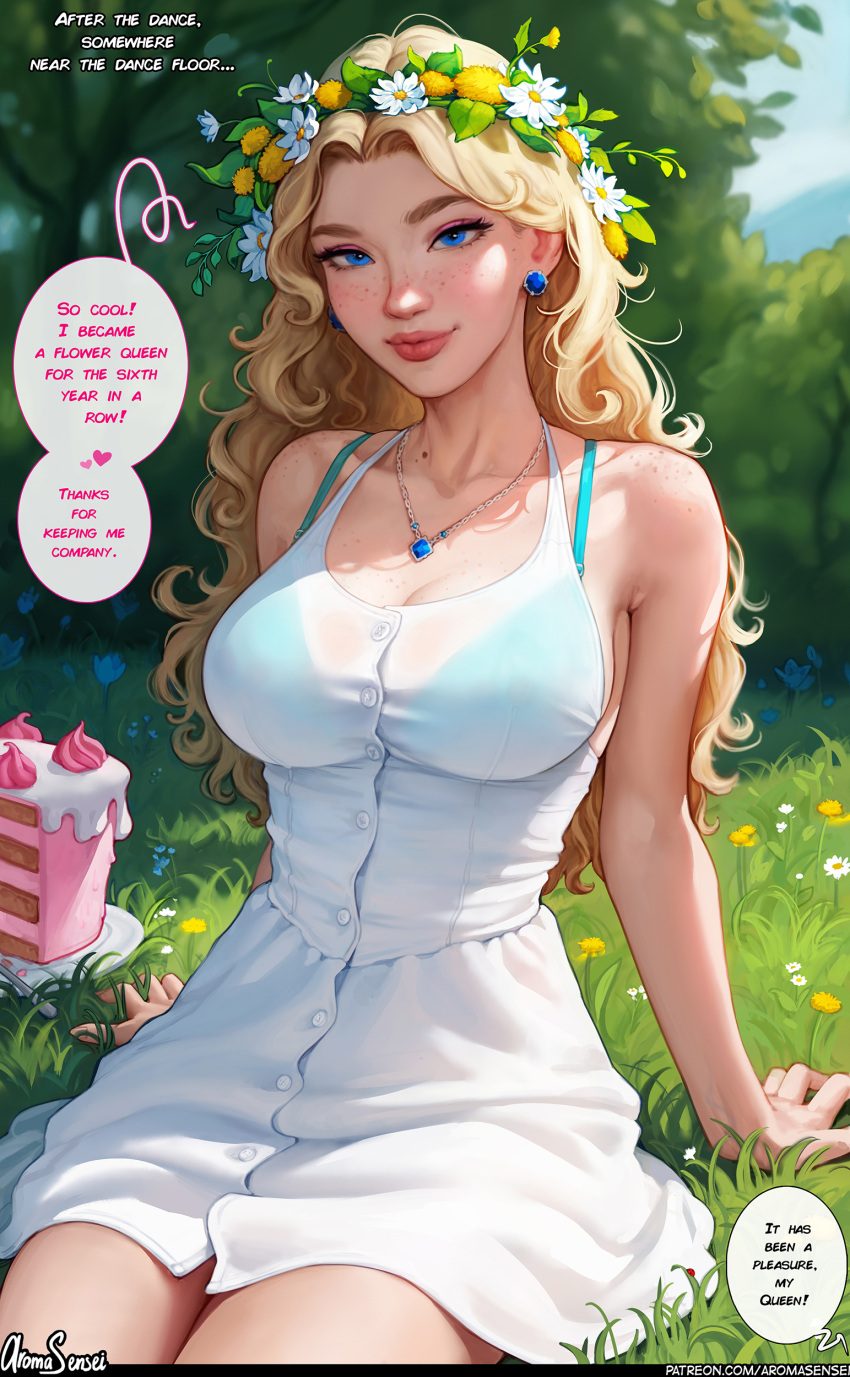 1girl absurdres aroma_sensei bare_shoulders blonde_hair blue_bra blue_eyes blush bra breasts buttons cake cleavage collarbone daisy earrings english_text eyeshadow flower food freckles haley_(stardew_valley) head_wreath highres jewelry large_breasts lips long_hair makeup necklace outdoors see-through sideboob skirt smile solo stardew_valley underwear wavy_hair