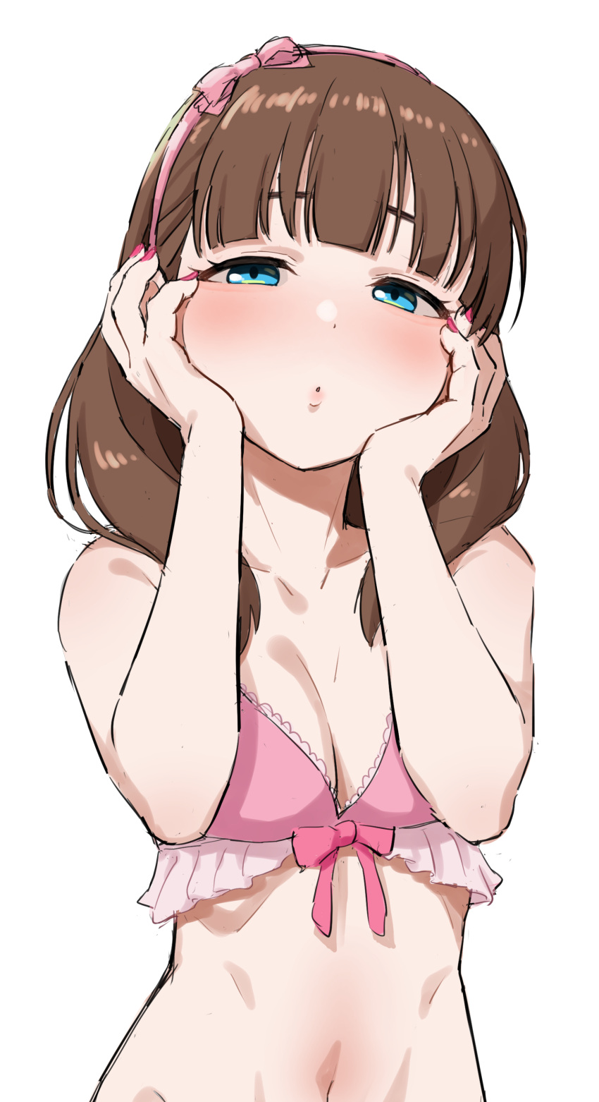 1girl :o absurdres bikini blue_eyes blush breasts brown_hair chelle_ingham cleavage collarbone commentary_request fingernails hairband hands_on_own_cheeks hands_on_own_face highres idolmaster idolmaster_cinderella_girls looking_at_viewer medium_breasts nail_polish navel partial_commentary pink_bikini pink_hairband pink_nails sakuma_mayu short_hair simple_background solo swimsuit upper_body white_background