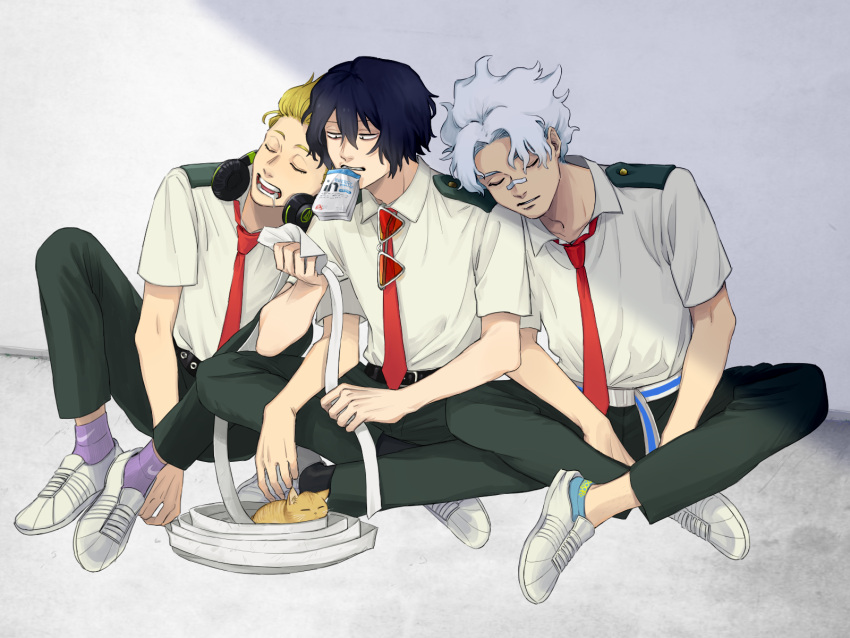 3boys adam's_apple bags_under_eyes bandaid bandaid_on_face bandaid_on_nose black_pants blonde_hair blue_socks boku_no_hero_academia brown_cat closed_eyes collared_shirt drooling eraser_head_(boku_no_hero_academia) grey_scarf headphones highres indian_style loud_cloud mouth_hold multiple_boys necktie nike pants present_mic purple_socks red_necktie rnuyvm scarf school_uniform shirt sitting sleeping sleeping_upright socks tinted_eyewear u.a._school_uniform white_footwear