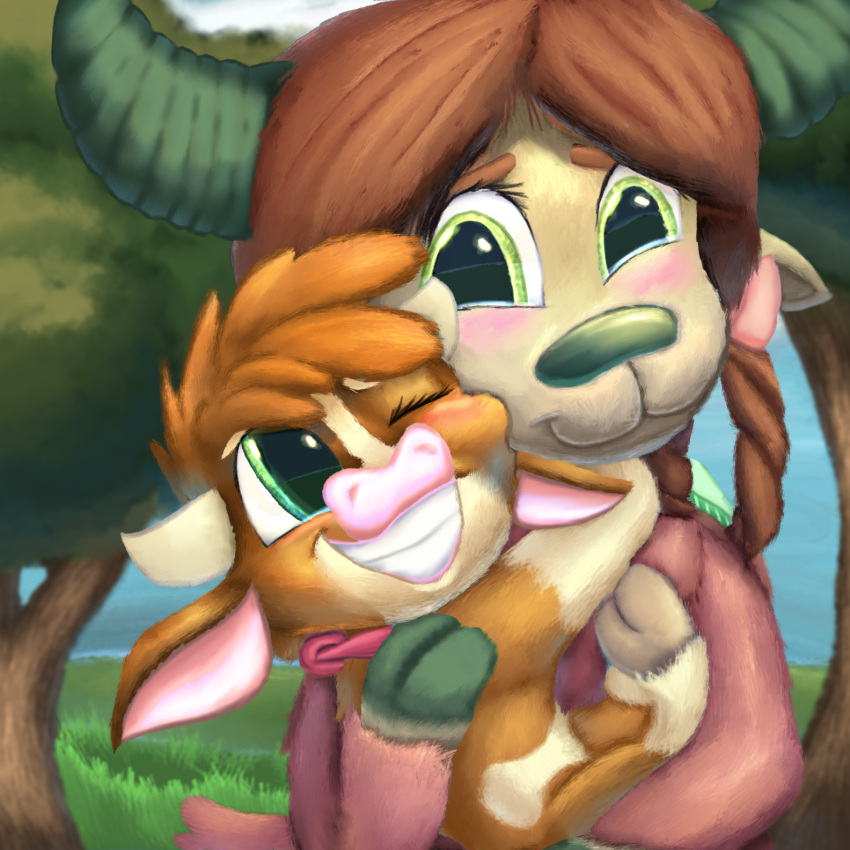 1:1 2021 arizona_cow_(tfh) black_nose bovid bovid_horn bovine brown_body brown_fur brown_hair carrying cattle cloven_hooves crossover digital_media_(artwork) digital_painting_(artwork) duo embrace female feral firefanatic fluffy friendship_is_magic fur grass green_eyes grin hair hasbro hi_res hooves horn hug mammal multicolored_body multicolored_fur my_little_pony one_eye_closed pink_nose plant smile solo tan_body tan_fur them's_fightin'_herds tree two_tone_body two_tone_fur yak yona_yak_(mlp)