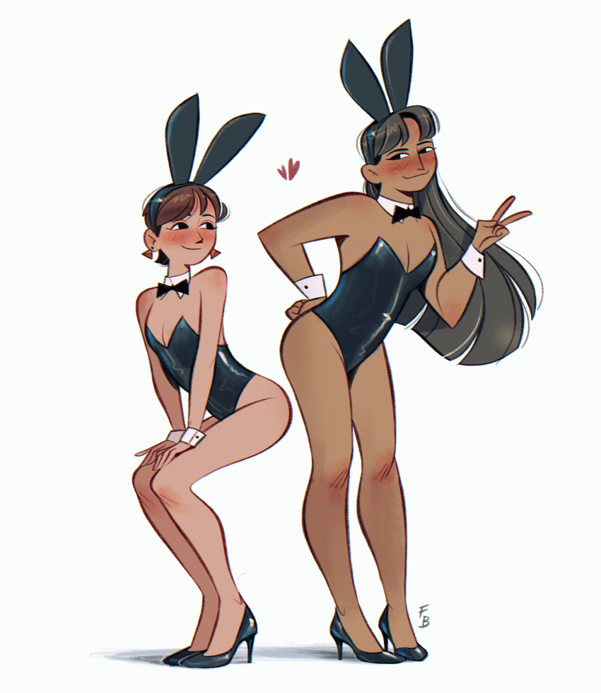 2girls animal_ears bare_shoulders black_bow black_bowtie black_footwear black_hair black_leotard blush bow bowtie brown_hair dark-skinned_female dark_skin detached_collar earrings fake_animal_ears friedbaens full_body hairband hand_on_back hands_on_own_knees heart high_heels highres jewelry leotard long_hair looking_at_another looking_at_viewer multiple_girls original playboy_bunny short_hair signature simple_background smile standing strapless strapless_leotard triangle_earrings v white_background wrist_cuffs