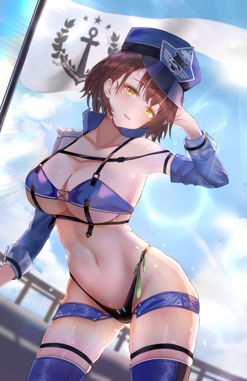 1girl absurdres arm_behind_head arm_up azur_lane baltimore_(azur_lane) baltimore_(finish_line_flagbearer)_(azur_lane) bikini black_bikini blue_bikini blue_footwear blue_headwear blue_jacket blue_shorts blue_sky boots braid breasts brown_hair chest_harness chinese_commentary choker cleavage cloud collarbone commentary_request condom cowboy_shot cropped_jacket day detached_sleeves flag french_braid hair_between_eyes harness hat head_tilt highleg highleg_bikini highres holding holding_pole jacket koinowana large_breasts lens_flare looking_at_viewer micro_shorts mismatched_bikini mixed-language_commentary navel official_alternate_costume parted_lips pole race_queen short_hair shorts sidelocks single_bare_shoulder single_detached_sleeve single_sleeve skindentation sky solo standing stomach sweat swimsuit thigh_boots underboob used_condom yellow_eyes