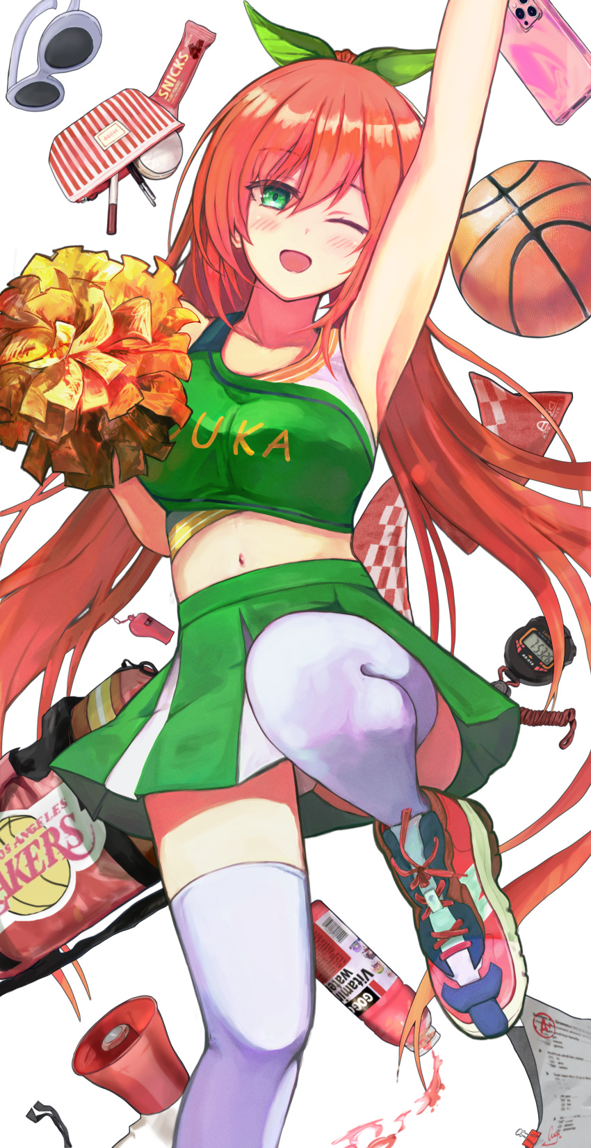 1girl ;d absurdres arm_up armpits ball basketball_(object) blush breasts cheering cheerleader commentary_request curvy eyelashes eyes_visible_through_hair floating_hair foot_out_of_frame green_eyes green_ribbon green_skirt hair_between_eyes hair_ribbon hand_up happy harukaze_meguri highres knee_up koibana_ren'ai korean_commentary long_hair medium_breasts miniskirt navel one_eye_closed open_mouth orange_hair panties panty_peek pom_pom_(clothes) ribbon shoes simple_background skirt smile sneakers solo sports_bra standing standing_on_one_leg thighhighs tsurime underwear very_long_hair west_gon white_background white_panties white_thighhighs zettai_ryouiki