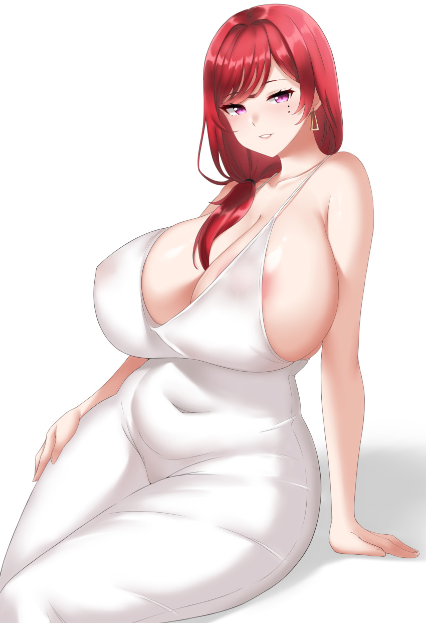 1girl absurdres areola_slip bare_shoulders blush breasts cleavage collarbone covered_navel covered_nipples curvy deefourcee dress earrings hair_over_shoulder highres hongryeon_(last_origin) huge_breasts jewelry last_origin long_hair looking_at_viewer mole mole_under_eye red_hair sideboob sitting smile solo white_background white_dress wide_hips