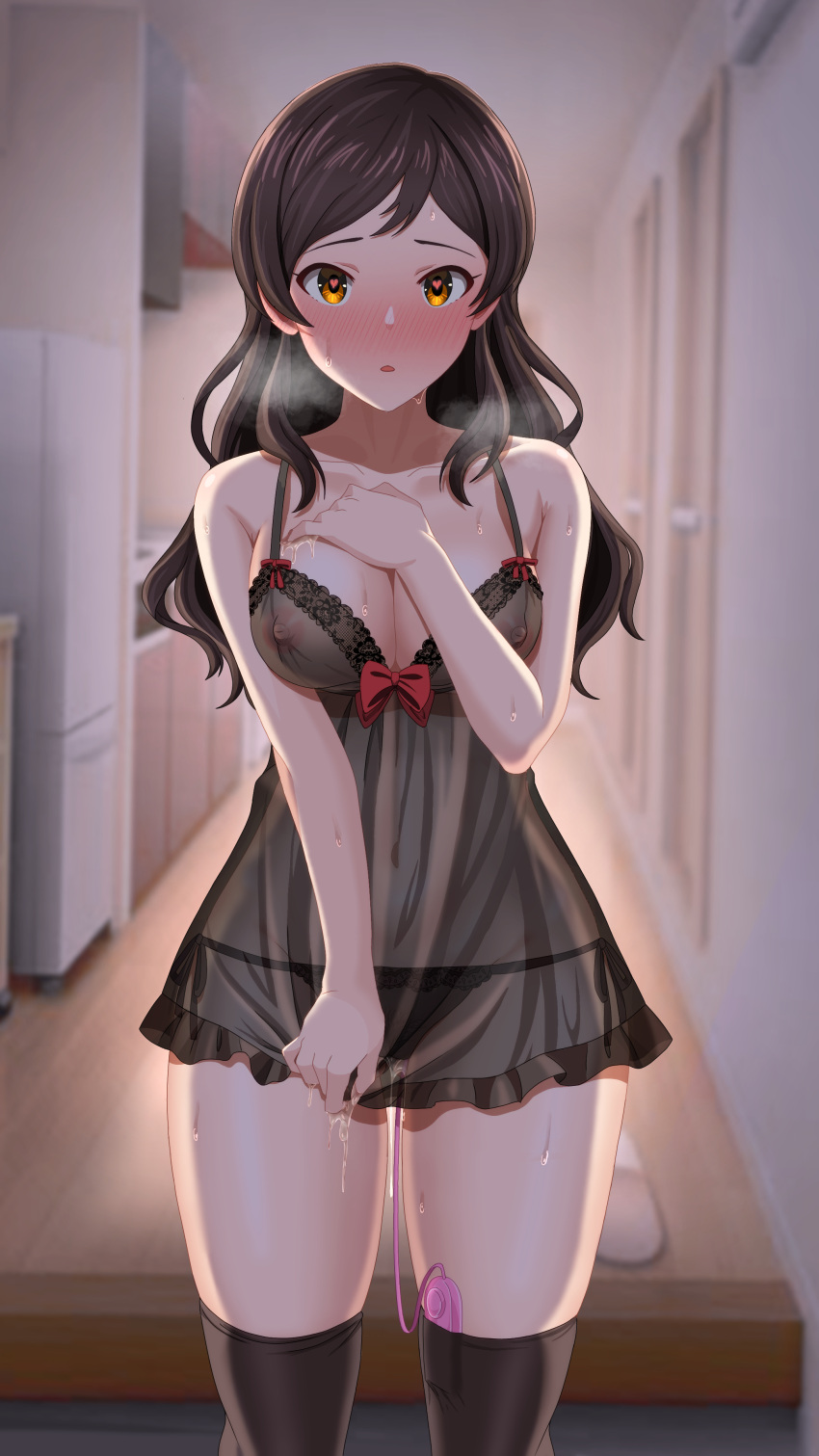 1girl absurdres black_chemise black_panties black_thighhighs blurry blurry_background blush breasts breath brown_hair cleavage covered_navel covered_nipples egg_vibrator feet_out_of_frame hand_on_own_chest heart heart-shaped_pupils highres idolmaster idolmaster_million_live! indoors kitazawa_shiho lace-trimmed_chemise lace-trimmed_panties lace_trim looking_at_viewer medium_breasts nose_blush panties pussy_juice pussy_juice_trail see-through_chemise sex_toy side-tie_panties solo standing sweat symbol-shaped_pupils thighhighs toritori_miri underwear vibrator vibrator_cord vibrator_in_thighhighs
