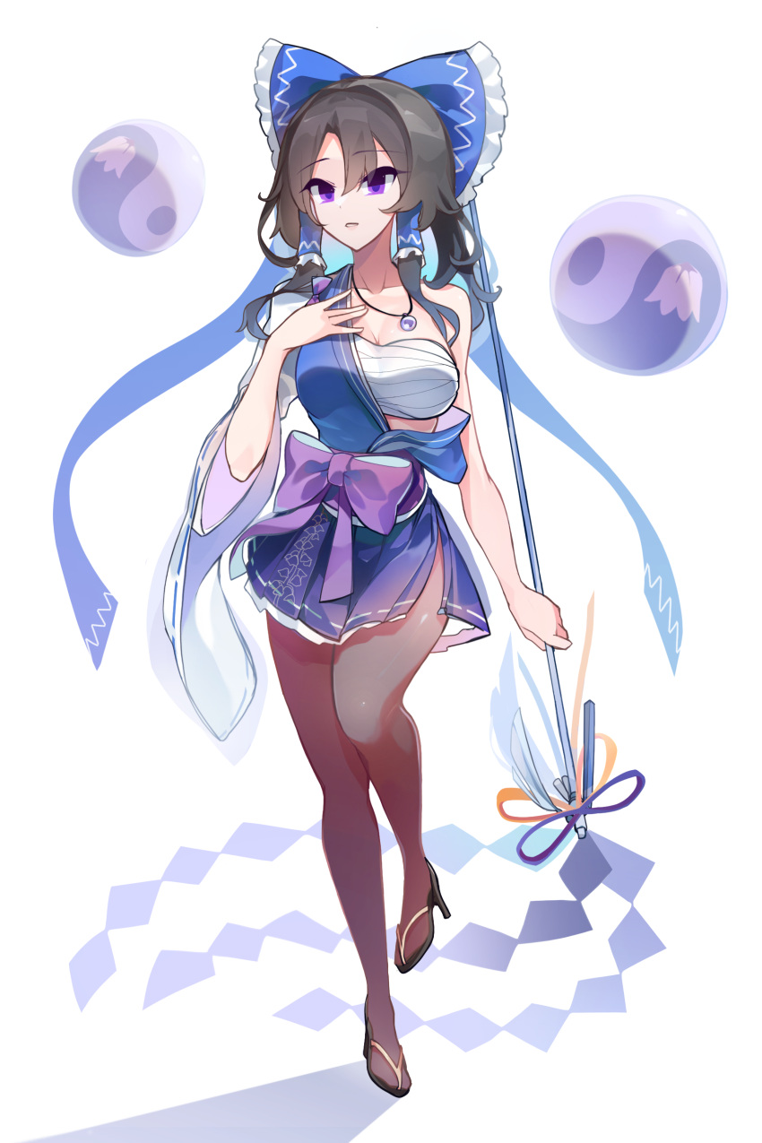 1girl \||/ absurdres arm_at_side black_hair blue_bow blue_dress bow breasts cleavage collarbone commentary_request commission dress frilled_bow frilled_hair_tubes frills gohei hair_between_eyes hair_bow hair_tubes hakurei_beimu hakurei_reimu hand_on_own_chest hand_up high_heels highres holding holding_stick jewelry kaliningradg light_smile long_hair medium_breasts necklace orb pantyhose parted_bangs parted_lips purple_bow purple_eyes simple_background single_bare_arm single_bare_shoulder sleeves_past_elbows solo standing standing_on_one_leg stick teeth touhou tsurime white_background wide_sleeves yin_yang yin_yang_orb