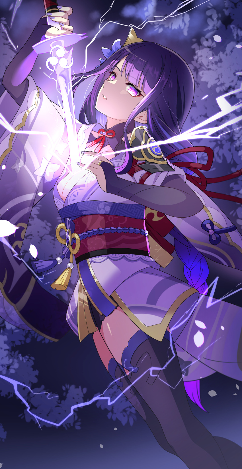 1girl absurdres armor bangs black_thighhighs blunt_bangs blurry bow braid breasts bridal_gauntlets cleavage commentary_request depth_of_field genshin_impact gradient_hair hair_ornament head_tilt highres holding holding_sword holding_weapon human_scabbard itsumiruka japanese_clothes kimono lightning long_hair long_sleeves looking_at_viewer low_ponytail mitsudomoe_(shape) multicolored_hair obi obiage parted_lips purple_eyes purple_hair raiden_shogun sash short_kimono shoulder_armor sidelocks single_braid solo sword thighhighs tomoe_(symbol) two-tone_hair vision_(genshin_impact) weapon wide_sleeves zettai_ryouiki