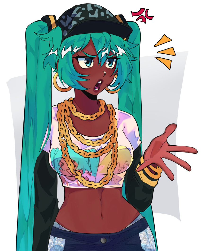 1girl ai-generated_art_(topic) alternate_skin_color anger_vein baseball_cap bracelet breasts chain_necklace commentary cropped_shirt dark-skinned_female dark_skin earrings english_commentary green_eyes grey_hair hat hatsune_miku highres hoop_earrings jewelry long_hair medium_breasts midriff navel necklace open_mouth solo twintails upper_body very_dark_skin very_long_hair vmifishi vocaloid