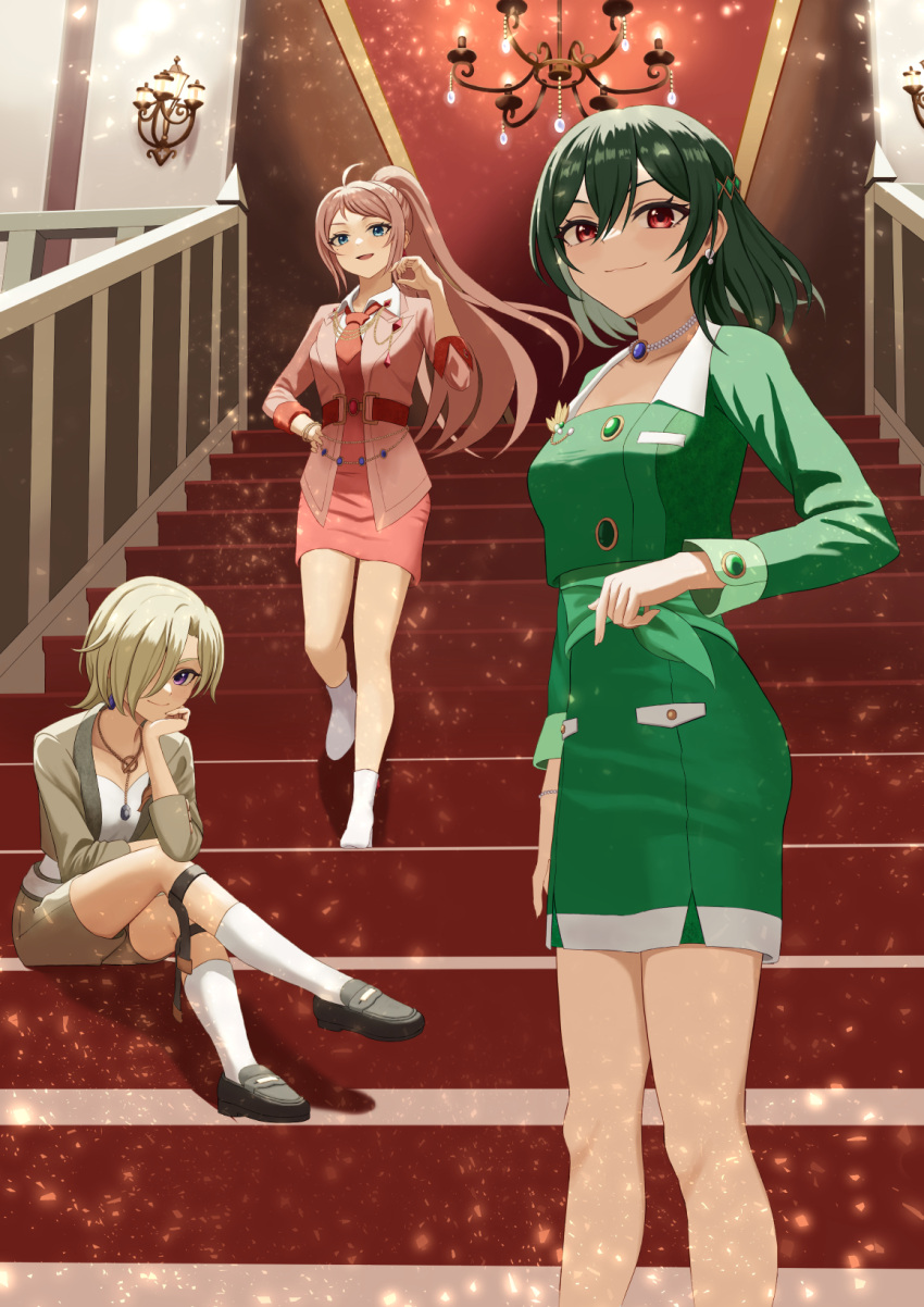3girls ahoge belt black_footwear blonde_hair blue_eyes brown_jacket chandelier closed_mouth commentary dark_green_hair green_jacket green_skirt hair_over_one_eye hand_on_own_hip hand_up head_rest highres jacket jewelry knee_strap kneehighs light_smile loafers long_hair looking_at_viewer love_live! love_live!_nijigasaki_high_school_idol_club mifune_shioriko miniskirt multiple_girls necklace on_stairs open_clothes open_jacket open_mouth pencil_skirt pink_hair pink_jacket ponytail purple_eyes r3birth_(love_live!) red_belt red_eyes scone shoes short_hair sitting sitting_on_stairs skirt skirt_pocket smile socks stairs vroom_vroom_(love_live!) wachida_01d white_footwear white_socks wing_collar zhong_lanzhu