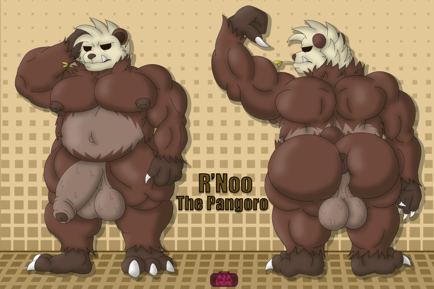 3:2 3_toes 4_fingers absurd_res annaengine anthro anus balls barefoot belly biceps big_balls big_butt big_penis black_eyes bodily_fluids brown_body brown_fur brown_nipples brown_penis butt chubby_anthro chubby_male claws digital_drawing_(artwork) digital_media_(artwork) english_text fan_character feet fingers flaccid flexing foreskin front_view fur generation_6_pokemon genitals gesture hair hand_behind_head hi_res humanoid_genitalia humanoid_penis leaf looking_back male mammal model_sheet multicolored_body multicolored_fur musclegut muscular muscular_anthro muscular_male navel neck_tuft nintendo nipples no_pupils nude pangoro pecs penis pointing pointing_at_self pokemon pokemon_(species) puffy_anus raised_arm rear_view saggy_balls serious sharp_teeth signature simple_background slightly_chubby solo standing sweat sweaty_balls sweaty_genitalia tail tan_body tan_fur teeth text thick_thighs toe_claws toes tuft wide_hips