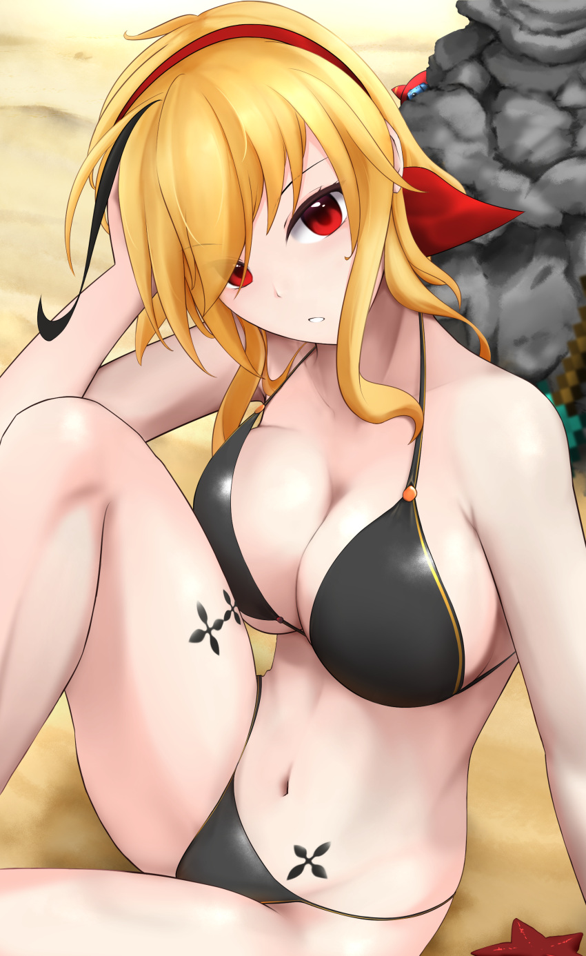 1girl absurdres blonde_hair breasts cleavage firen_inferno hair_ornament highres hololive hololive_indonesia kaela_kovalskia looking_at_viewer red_eyes sand sitting swimsuit tattoo virtual_youtuber
